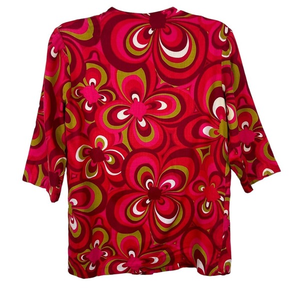 Vintage 70s Flower Power Red Mandarin Collar Half Sleeve Button Front Tunic M - Picture 2 of 5